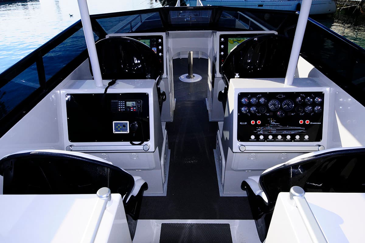 Helm console with displays and instruments