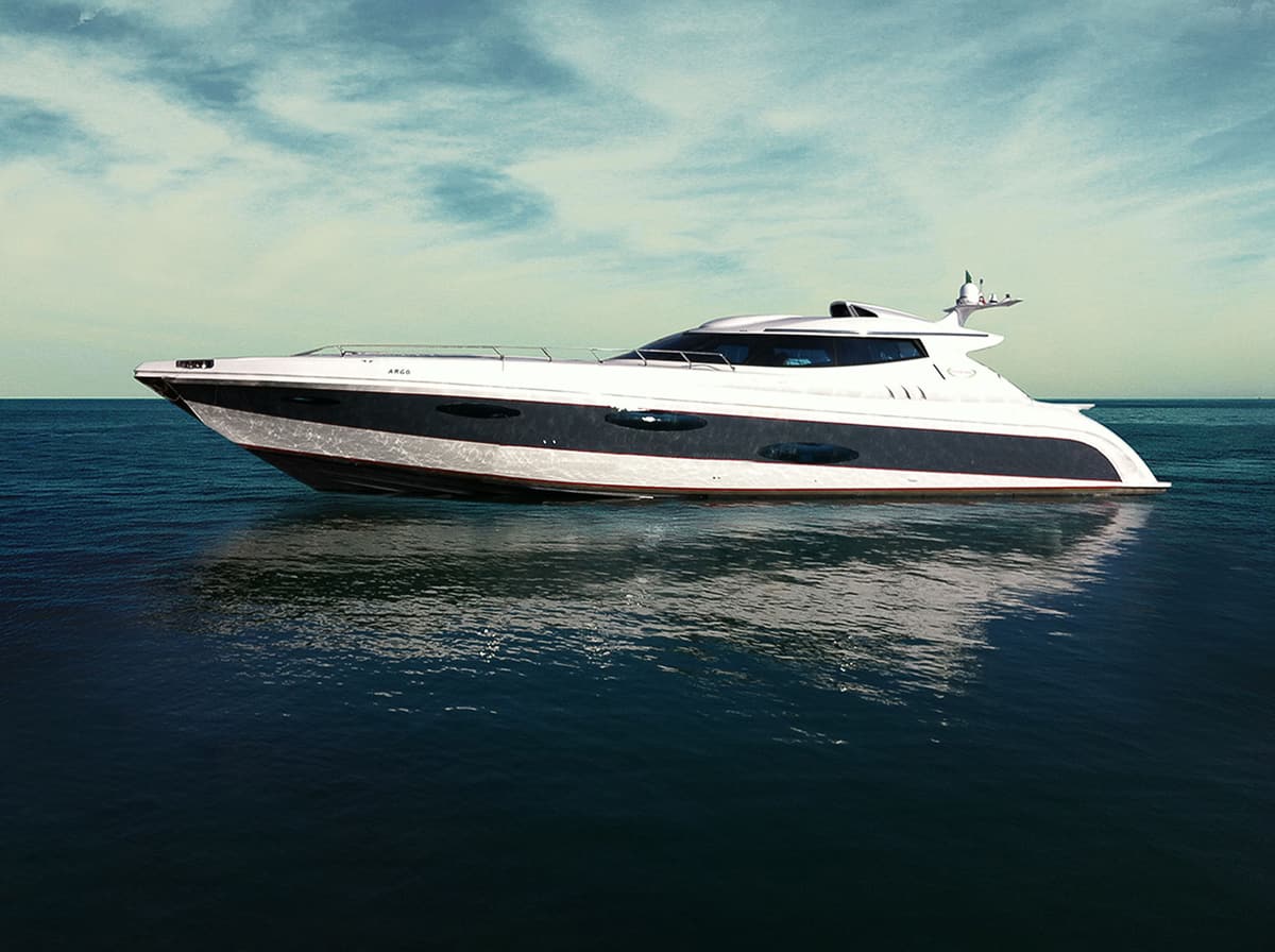 Бело-чёрный Power 86 на якоре в спокойном море