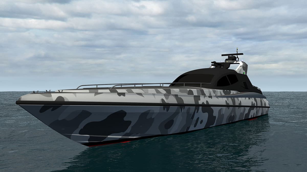 Render dell’Interceptor 65 con livrea mimetica grigia