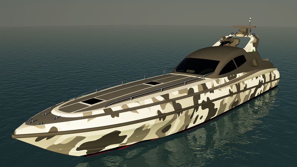 Render dell’Interceptor 65 con livrea mimetica sabbia